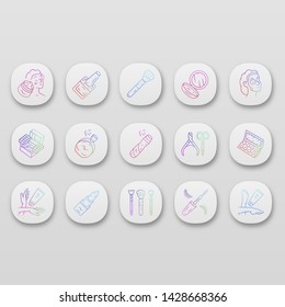 Skincare products, cosmetics app icons set. UI/UX user interface. Feminine hygiene, makeup accessories. Web or mobile applications. Vector isolated illustrations. Perfume, lipstick, mirror, body cream