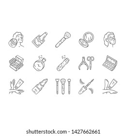 Skincare products, cosmetics linear icons set. Feminine hygiene, makeup accessories. Beauty salon attributes thin line contour symbols. Isolated vector outline illustrations. Editable stroke