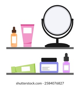 Skincare products and cosmetics on two shelves with a mirror, arranged neatly. Minimalist style on a white background. Beauty and self-care concept