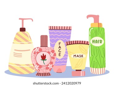Skincare products cosmetics set. Natural cosmetics for skin and body in colorful bottles, tubes, jars. Vector flat illustration. Trendy hand drawing doodle style isolated on white background.
