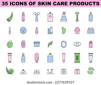 Skincare products icon set. Simple colored symbols of beauty and hygiene cosmetic. Dermatological care and treatment. Flat vector illustration