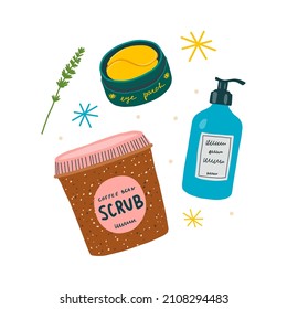 Skincare-Produkte, Illustration. Lotion, Peeling, Augenpflaster.	