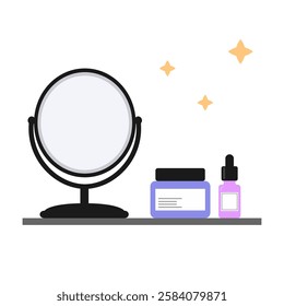 Skincare products and mirror on a vanity table in minimalist style with a white background. self-care and beauty routine