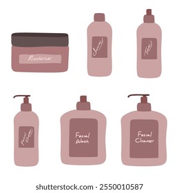 Skincare products, moisturizer, serum, removing make up, various beauty projects, Isolated vector illustrations, modern clip arts