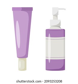 Skincare products organic cosmetics pack, woman skincare routine icons.  Natural organic cosmetics for skin in colorful bottle and tube. Vector flat illustration. All elements isolated.