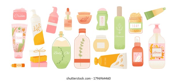 Skincare products organic cosmetics, woman skincare routine icon set. Natural organic cosmetics for skin in colorful bottles, tubes, jars vector flat illustration.Trendy hand drawing doodle style.