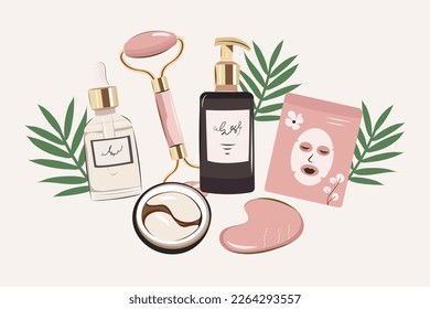 Skincare products organic cosmetics, woman skincare routine icon set. Natural organic cosmetics for skin in colorful bottles, tubes, jars vector flat illustration