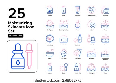 Skincare Products and Self-Care Routine. Beauty Treatments, Facial Care, and Glow. Vector Illustration. Oultine duo tone icon set