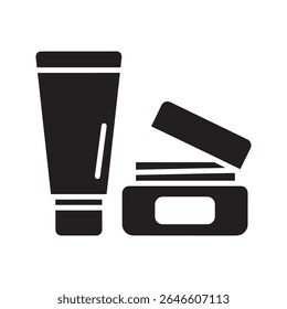 Skincare products set icon with cosmetic tube and cream jar for a daily beauty routine and moisturizing facial treatment in a modern spa vector solid glyph icon