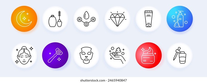 Skincare products set icon. Moon, perfume, mascara, water molecule, diamond, tube, foam, face, roller, mask, soap, cream, serum, container. Beauty and cosmetics concept.