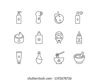 Skincare products, spa treatment, cosmetology line icons set with makeup remover, facial toner, cleanser, electric brush, cleaning foam, sponge, cream, sunscreen, mask, serum, oil, organic cosmetics.