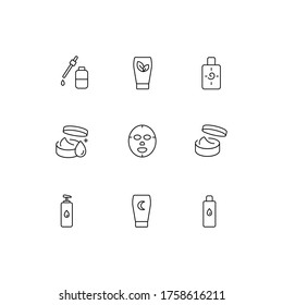 Skincare products, spa treatment, cosmetology line icons set with facial toner, cleanser, cream, sunscreen, mask, serum, oil, organic cosmetics.