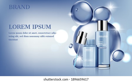 Skincare products withe dropper on shiny water bubbles