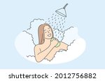Skincare, relaxation, beauty rituals concept. Young pretty Woman cartoon character taking bath with bubble for hygiene and beauty feeling positive vector illustration 