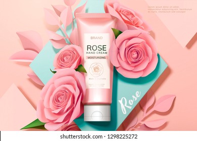 Skincare rose hand cream ads with pink paper flowers on geometric background in 3d illustration