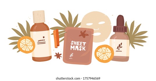 Skincare routine. Acne treatment, dermatology, and cosmetology. Drawn packaging with cosmetics. Lotion, serum, and face mask. Tropical leaves and orange slices. Design elements on a white background.