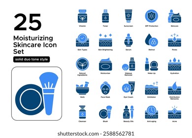 Skincare Routine and Beauty Care. Facial Treatment, Creams, and Wellness. Vector Illustration. Solid duo tone icon set