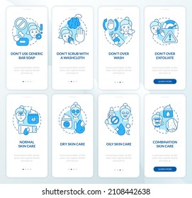 Skincare routine blue onboarding mobile app screen set. Health walkthrough 4 steps graphic instructions pages with linear concepts. UI, UX, GUI template. Myriad Pro-Bold, Regular fonts used