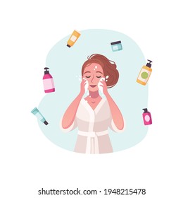 Skincare routine cartoon composition with woman using facial cleanser surrounded by cosmetic bottles vector illustration