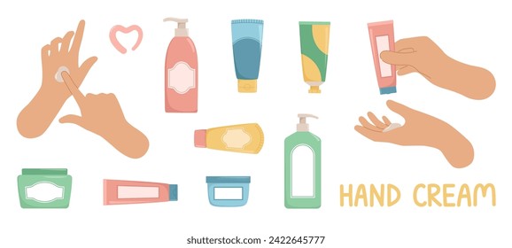 Skincare routine. Cartoon cosmetic products and woman hands apply cream from tube. Daily cosmetic. Natural organic cosmetic product. Isolated vector illustration 