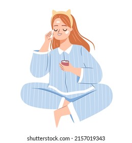 Skincare routine concept. Happy body positive girl applying cream. Flat vector illustration