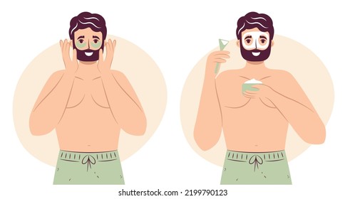 Skincare Routine Concept. Happy Young Man Use Apply Under Eye Anti-wrinkle Patches And Use Clay Mask On His Face, Pore Removal Handsome Bearded Male Enjoying Skincare Procedure. Men Hygiene