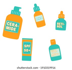 Skincare routine cosmetic products isolated on white background. Set of cosmetic bottles. Beauty concept vector illustration icons set.	