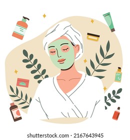 Skincare routine. Cute young woman  applying facial mask. Self care concept Hand drawn vector flat cartoon style illustration