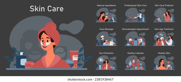 Atención de la piel de rutina de oscuridad o de noche. Aplicación de productos cosméticos faciales de piel y procedimiento de dermatología profesional. Tratamiento de limpieza e hidratación. Ilustración vectorial plana