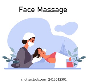 Skincare routine. Facial skin cosmetic products applying and professional dermatology procedure. Cleansing and moisturizing treatment. Flat vector illustration