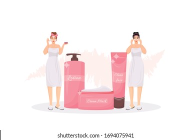 Skincare routine flat concept vector illustration. Woman using face lotion, mask and cleanser 2D cartoon character for web design. Korean skin care products and procedures creative idea
