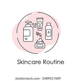 Skincare Routine Icon: Daily Skincare, Cleanser, Toner, Moisturizer, Sunscreen, Face Mask, Skincare Steps, Beauty Routine, Facial Care, Skin Health with editable stroke.