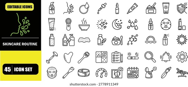 Skincare Routine Icon Set - Editable Stroke Vector Icons for Beauty Product Application, Facial Treatment Steps, Cosmetic Regimen Guide, Dermatology Care Platform UI, Beauty App Interface and Personal Care Tracking Dashboard
