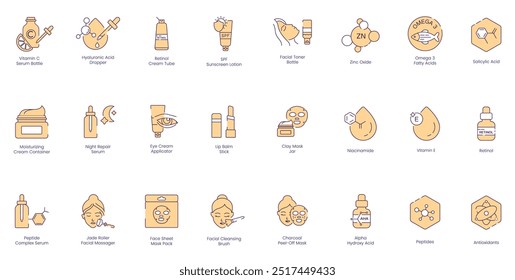 Ícones de rotina do cuidado da pele: Garrafa de soro de vitamina C, conta-gotas de ácido hialurônico, tubo de creme de retinol, loção de protetor solar SPF, garrafa de toner facial, óxido de zinco, ácido gordo ômega 3, ácido salicílico, hidratante 