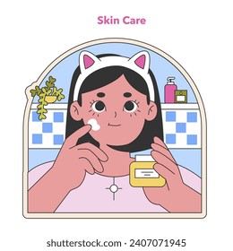 Skincare routine illustration. A cozy portrayal of a daily facial regimen with a playful touch. Charming details emphasize the joy of self-care. Flat vector illustration.