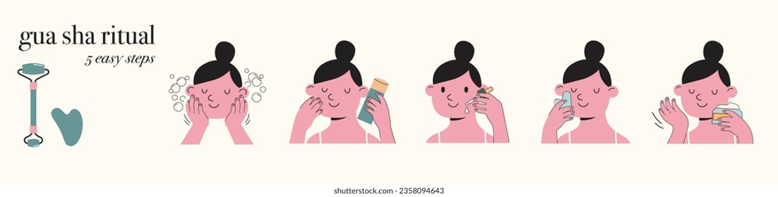Skincare routine illustrations with cute girls. Cream, lotion, mask, eye cream and sunscreen bottles. Vector concept design