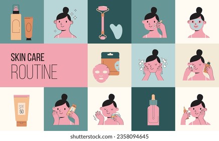 Ilustraciones de rutina de cuidado de la piel con chicas lindas. Crema, loción, máscara, crema para los ojos y botellas de protección solar. Diseño de vectores