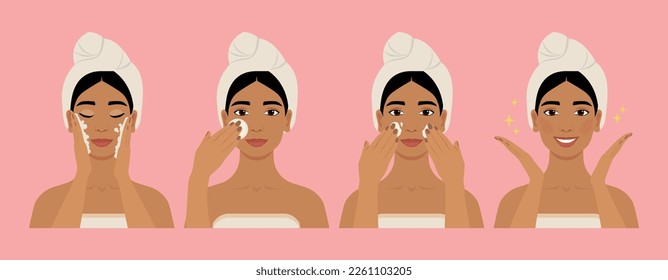 Skincare routine of Indian women. Face cleansing, toning, and cream application. Vector flat cartoon illustration. Perfect skin result. 