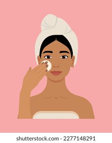 Rutina de cuidado de la piel de mujeres indias. Limpieza facial, tonificación y aplicación de crema. Ilustración de dibujos animados planos vectores. Resultado perfecto de la piel. 