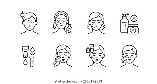 Skincare conjunto de ícones de linha de rotina. beleza, cuidados faciais, tratamento ícones coleção