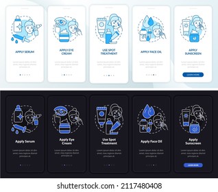 Skincare routine night and day mode onboarding mobile app screen. Health walkthrough 5 steps graphic instructions pages with linear concepts. UI, UX, GUI template. Myriad Pro-Bold, Regular fonts used