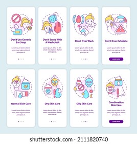 Skincare routine onboarding mobile app screen set. Beauty walkthrough 4 steps graphic instructions pages with linear concepts. UI, UX, GUI template. Myriad Pro-Bold, Regular fonts used