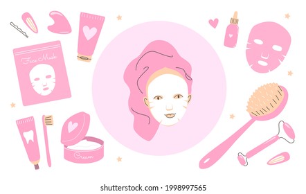 Skincare routine products. Young girl using facial sheet mask. Beauty cosmetic products, skincare treatment procedures, beauty devises, home spa objects. Colorful cartoon hand drawn vector