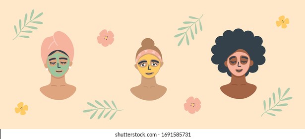 Skincare routine set. Collection of women applying facial masks. Women use organic natural homemade cosmetics. Morning beauty rituals, self care. Flat vector illustration