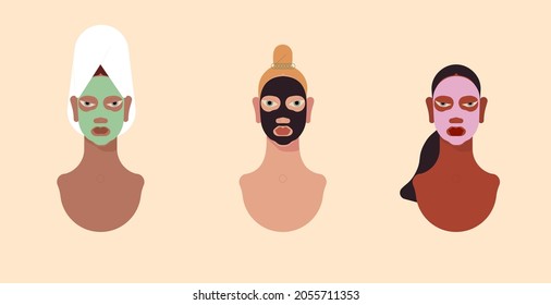 Skincare routine set. Collection of women applying facial masks. Women use organic natural homemade cosmetics. Morning beauty rituals, self care. 