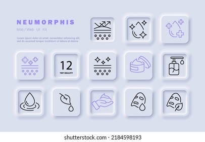 Skincare routine set icon. Protection, spf, sunscreen, hydration, water drop, cure, clean pores, nourishing cream, moisturizer, mask, leaf, foam. Personal care concept. Neomorphism. Vector line icon.