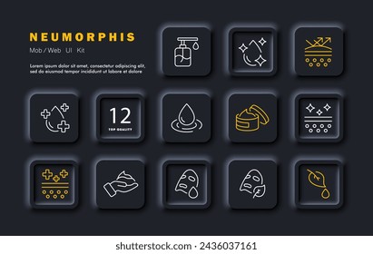 Skincare routine set icon: Protection, SPF sunscreen, hydration, water drop, cure, clean pores, nourishing cream, moisturizer, mask, leaf. Personal care concept. Neomorphism style. Vector line icon