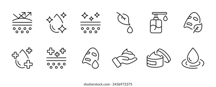 Skincare routine set icon: Protection, SPF sunscreen, hydration, water drop, cure, clean pores, nourishing cream, moisturizer, mask, leaf, foam. Personal care concept. Vector line icon.