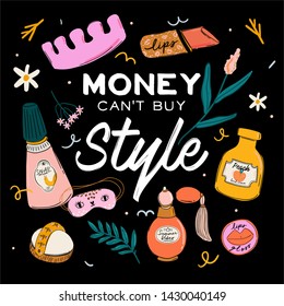 Skincare routine set with natural organic cosmetics products in bottles, jars, tubes for skin in trendy doodle style. Cute motivational and inspirational girl power lettering. Vector illustration