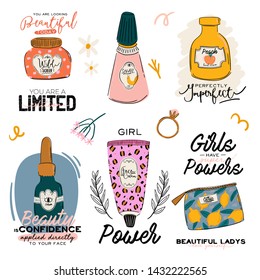 Skincare routine set with natural organic cosmetics products in bottles, jars, tubes for skin in trendy doodle style. Cute motivational and inspirational girl power lettering. Vector illustration